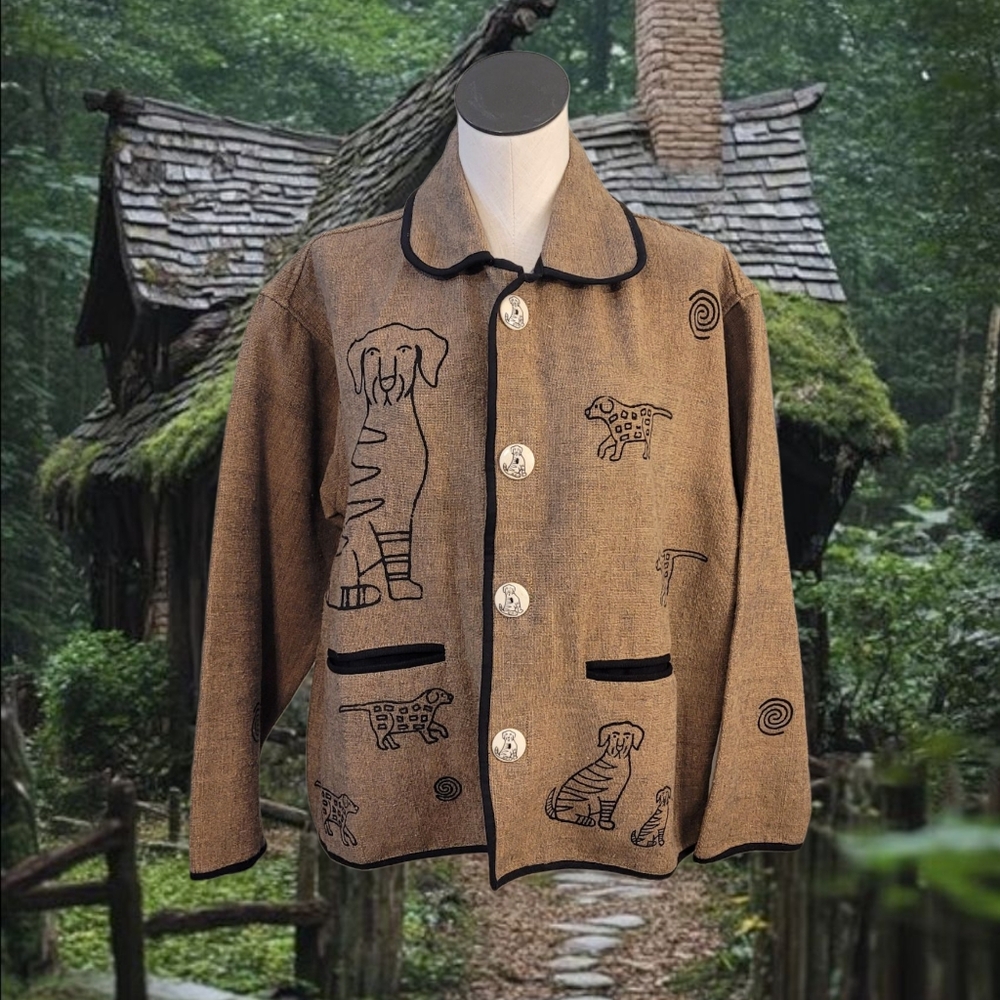 Rustic Cotton Jacket with  Dog Motif